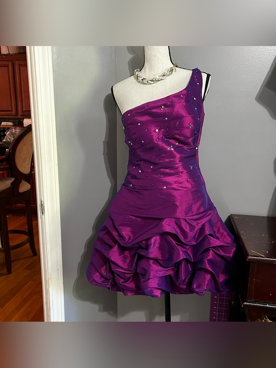 Fiesta Dresses & Skirts - Fiesta Plum Party Dress Small One Shoulder Ruffled Skirt mini Ruched Jeweled